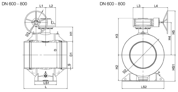 Кран шаровой Naval стальной полнопроходной, сварка/сварка, с ручным редуктором, DN 600-800. Размеры